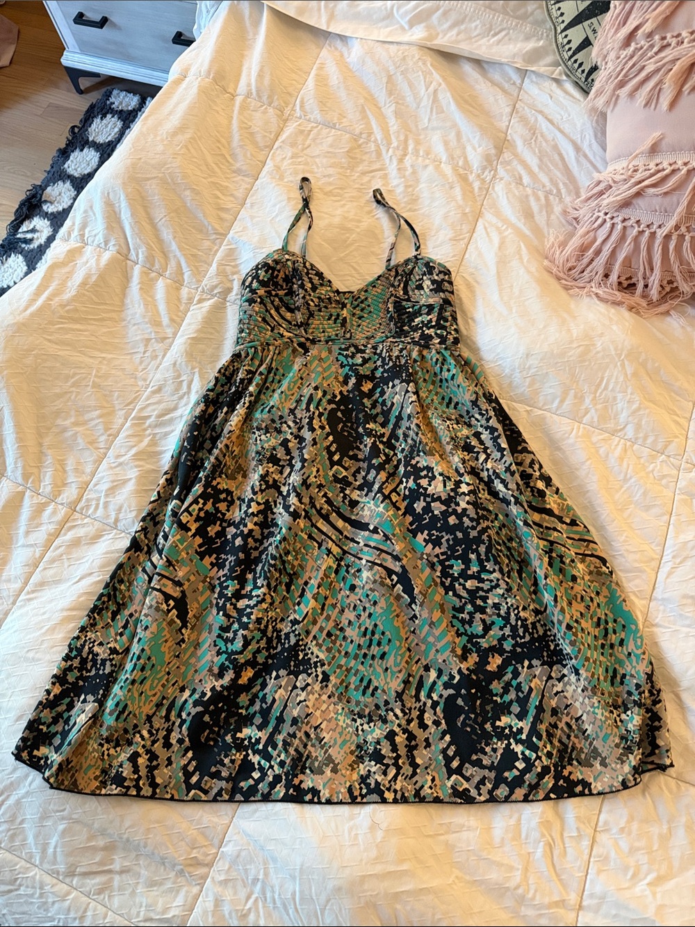 Bar III  Green & Black Patterned Spaghetti-Strap Dress Sz Xs